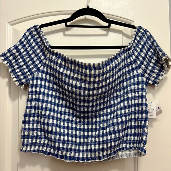 Arizona Jean Company Tops - Arizona Jean Company Blue and White Plaid Off-Shoulder Top